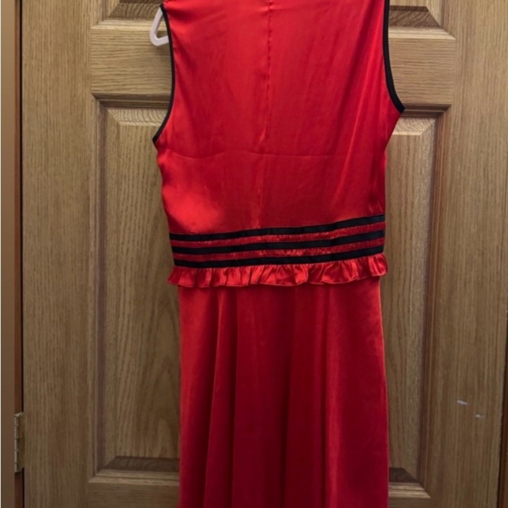 NWT The Kooples Red V-Neck Satin Dress with Black Waist Trim - Picture 6 of 10